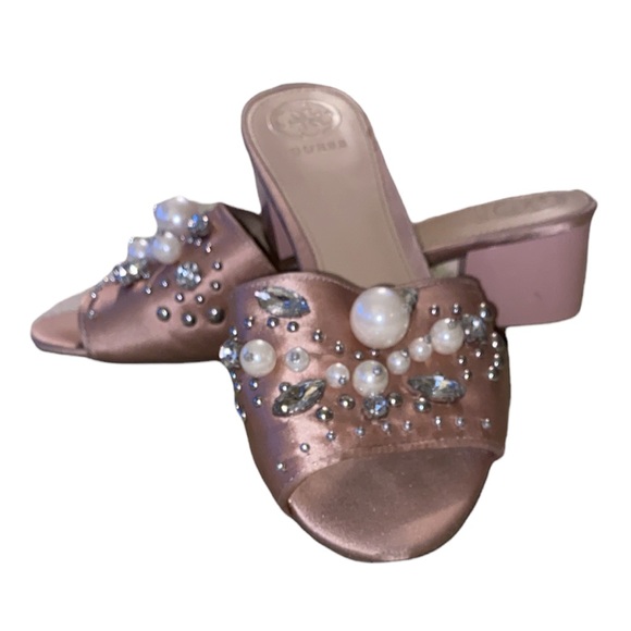 Guess Dancerr Embellished Pearl Crystal Blush Pink Block Heel Sandals - 8 - Picture 4 of 16